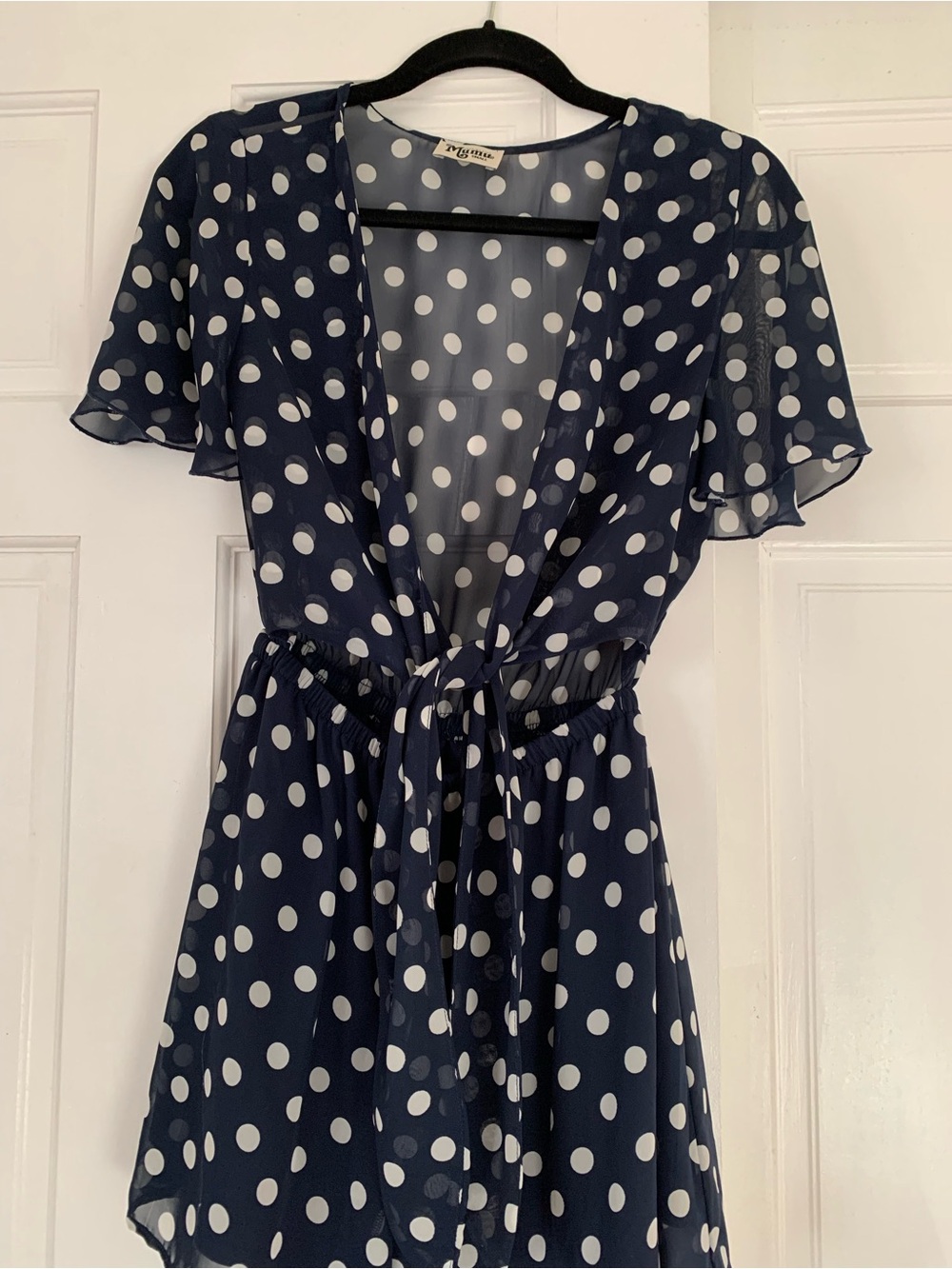 Navy Polka Dot Tie-Waist Dress